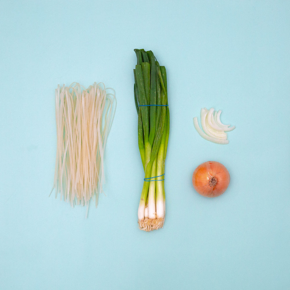 rice noodles and onions against a light blue background