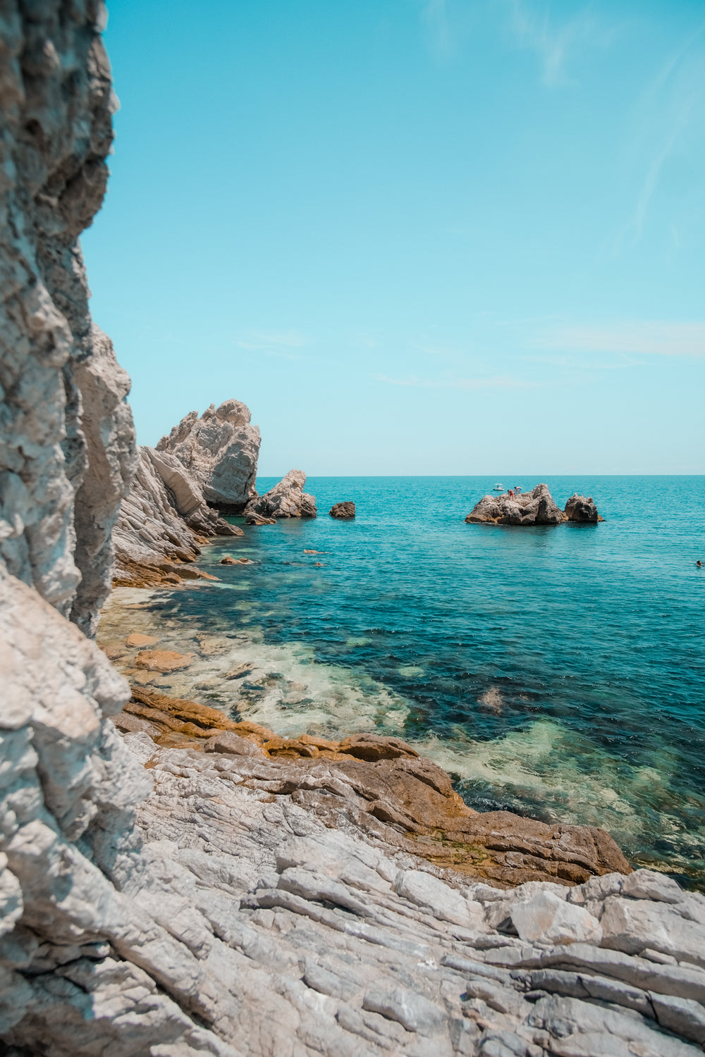 rocky shore line with crystal blue water