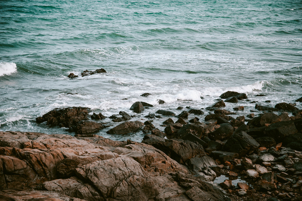 rocky shoreline and choppy water