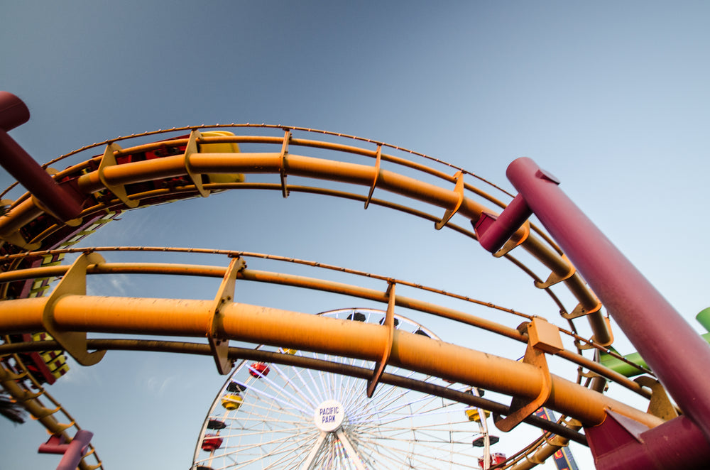 roller coaster railings in front of a ferris wheel