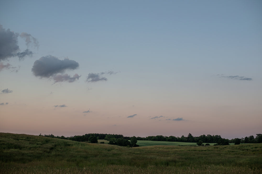 rolling green countryside hills at sunset in summer