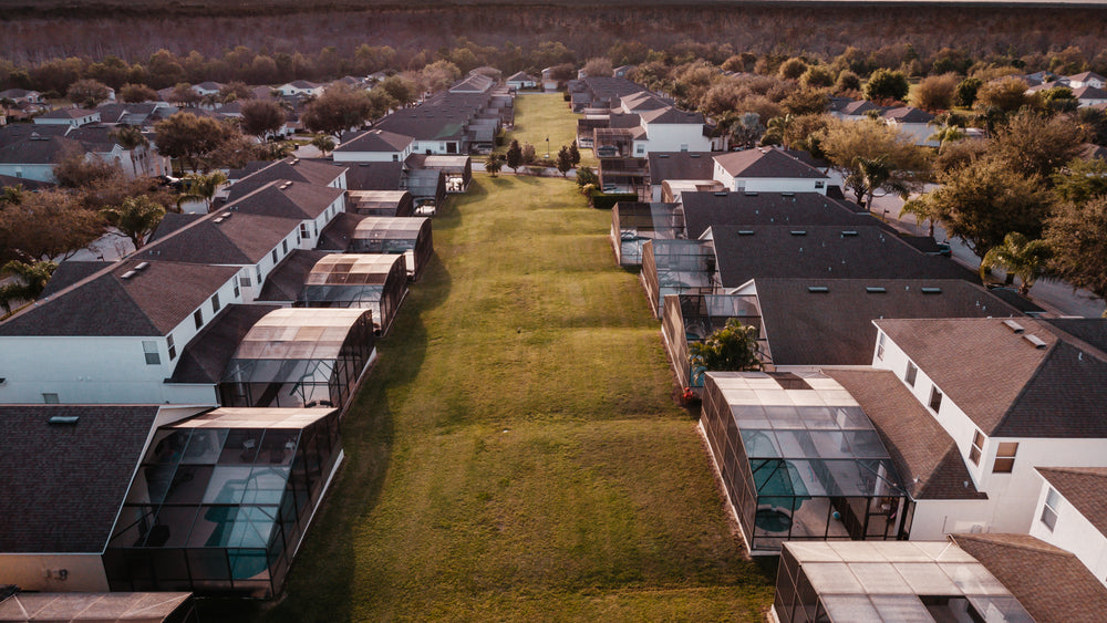 rooftops and pools of a florida residential neighbourhood