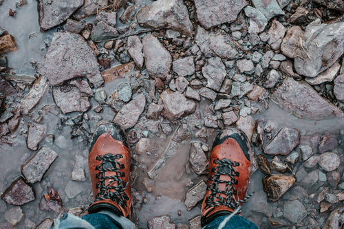 rugged hiking boots stood on rocks