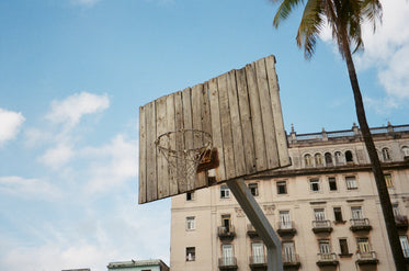 rustic basketball net with a wood panel backboard