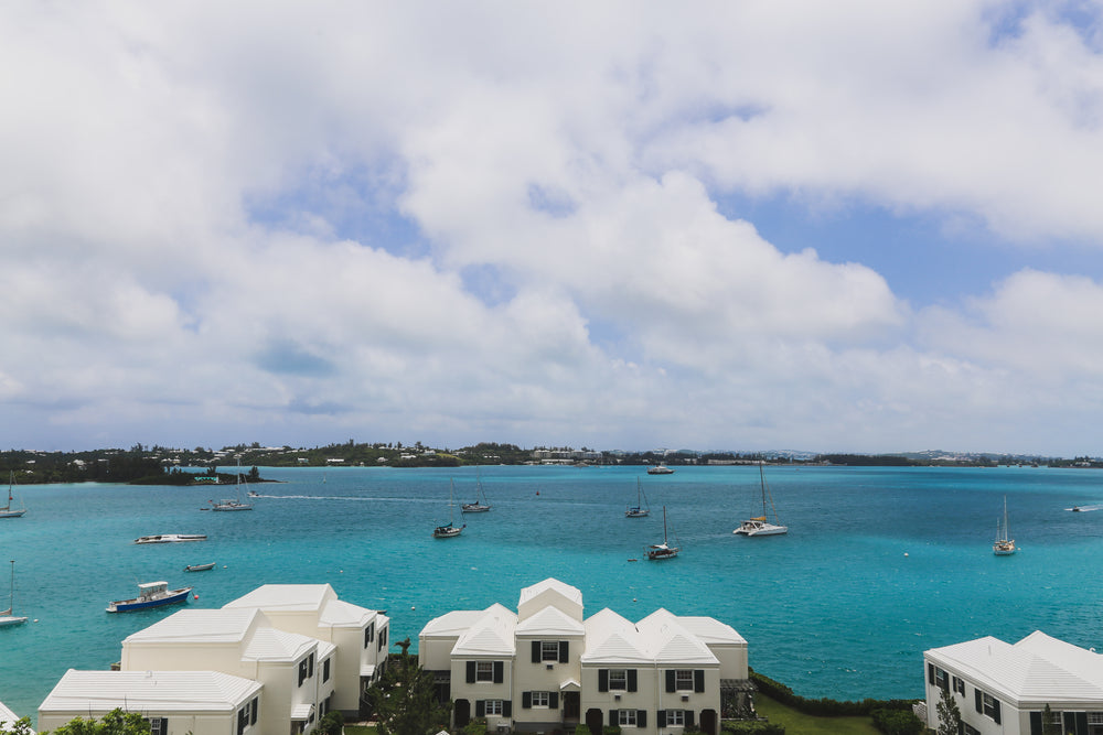 sailboats glide past white houses