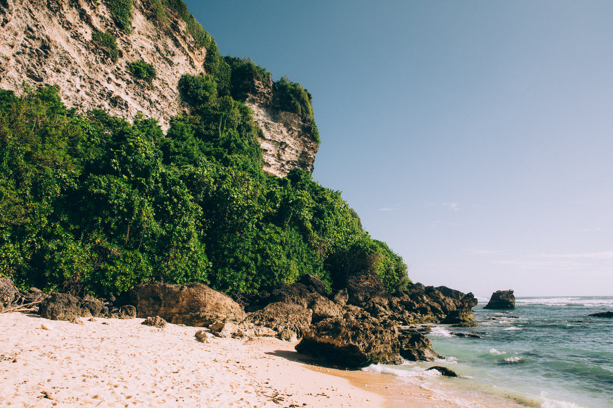 sandy beach surrounded by rocky cliff and jungle