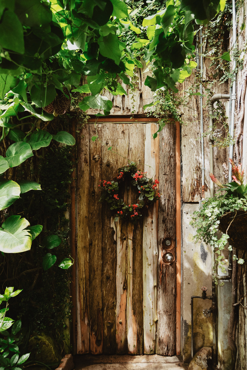secret garden wooden door with wreath