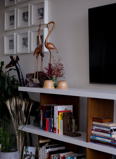 section of a persons sitting room with a white bookshelf