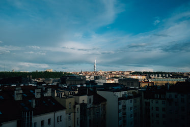 shadowy cityscape with a tower in the middle