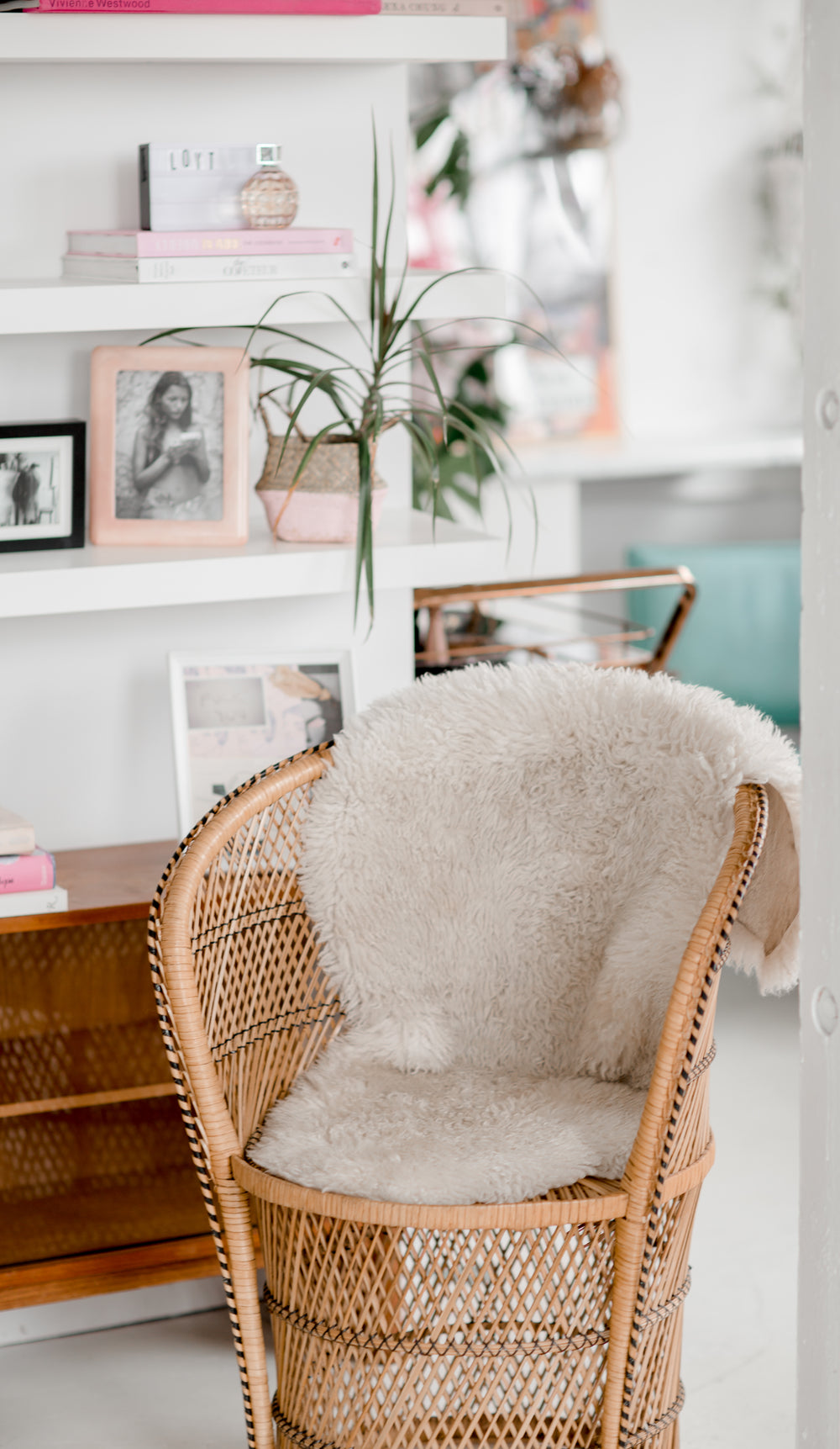 shaggy blanket on wicker seat