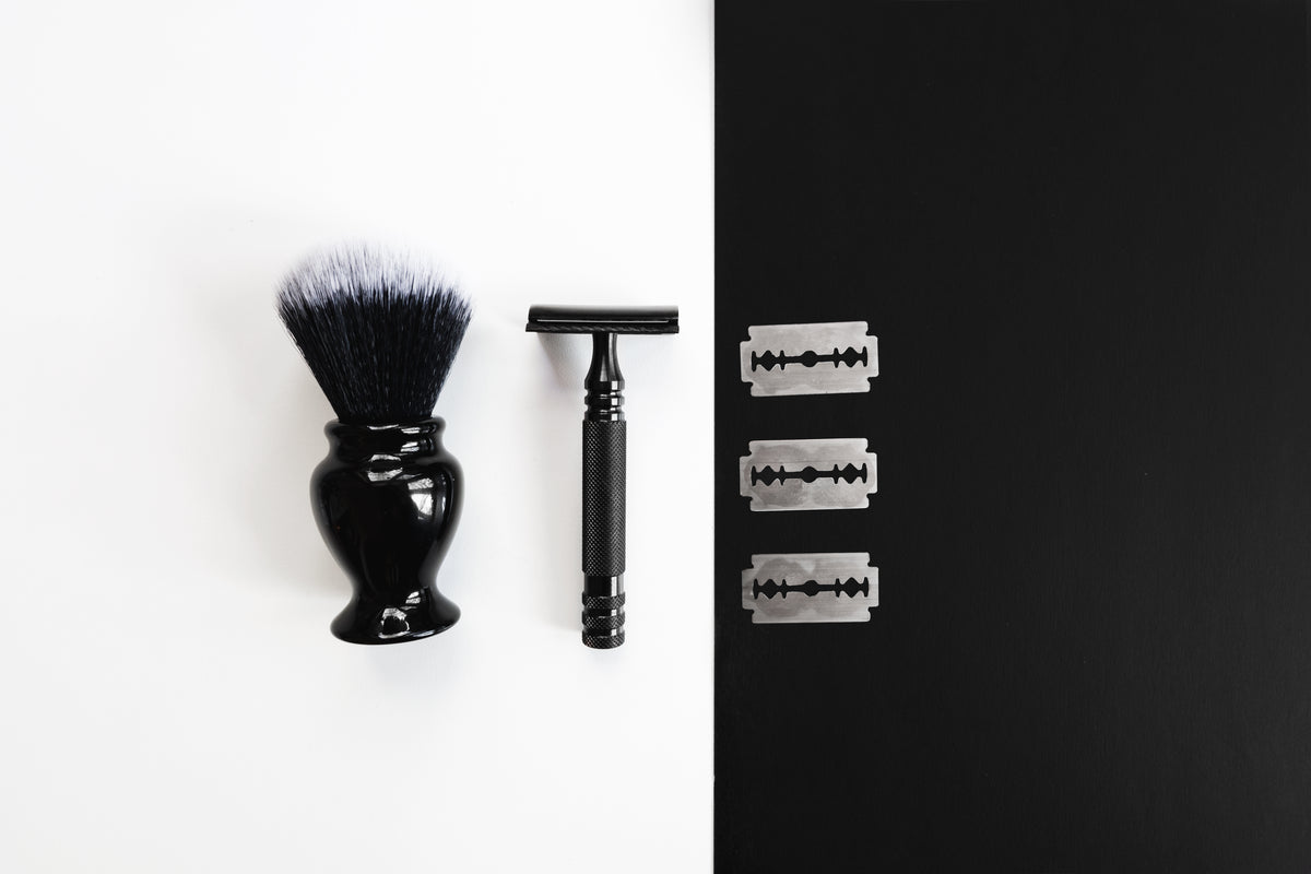 shaving tools on black and white