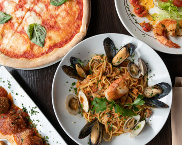 shellfish pasta pizza and italian food
