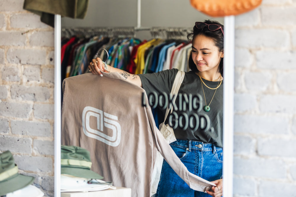 shopper viewed through a mirror