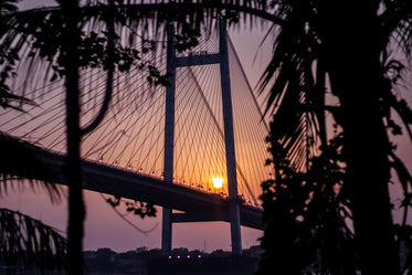 silhouetted trees and a bridge saying welcome backwards