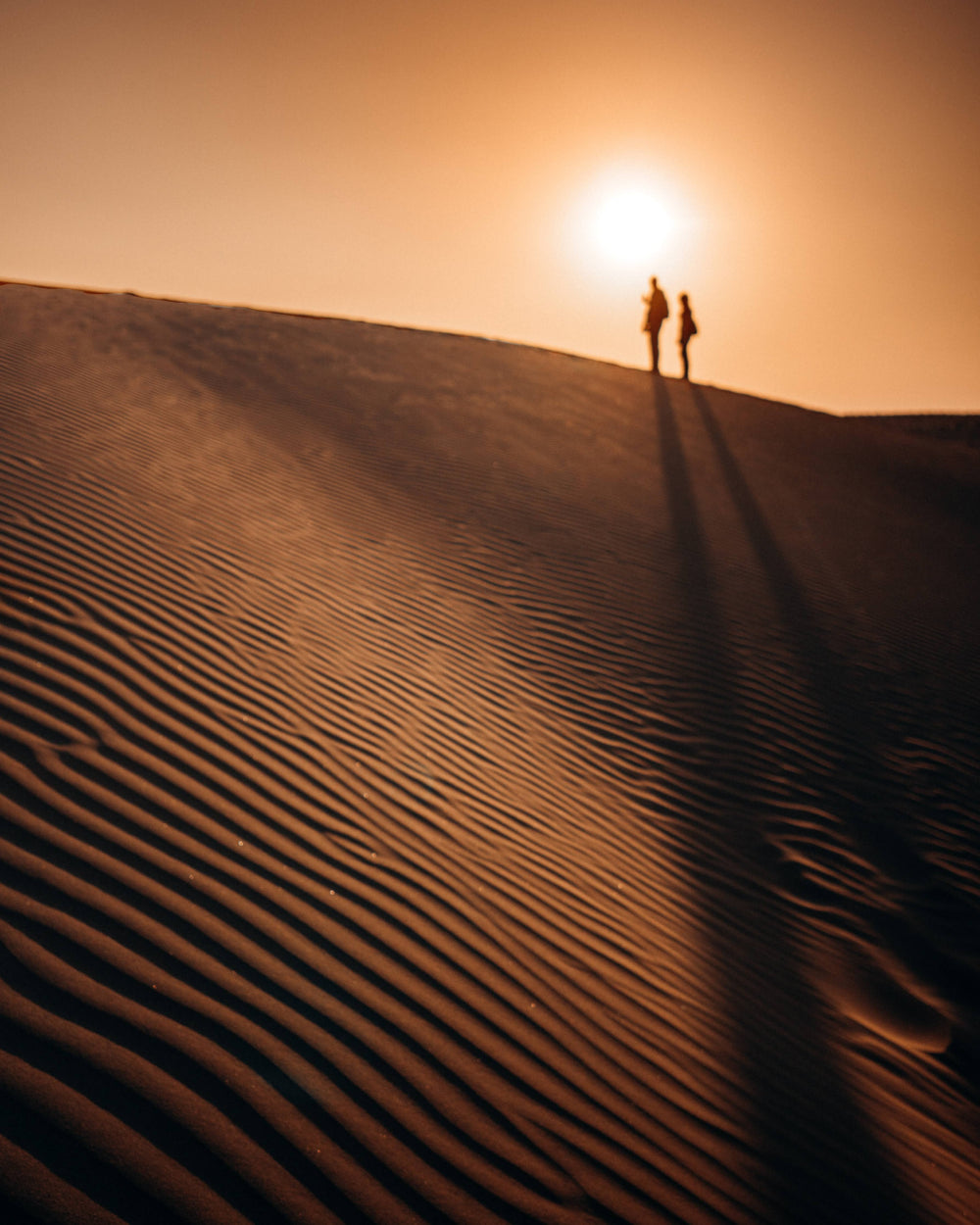 silhouettes of people at the top of a sand dune