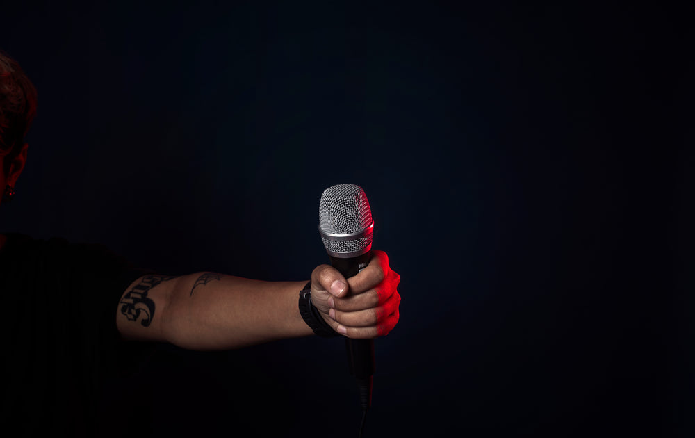 singer on stage holds mic