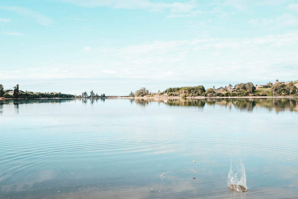 skipping stone on calm water