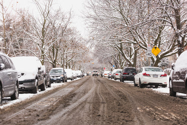 slushy winter street with parked cars