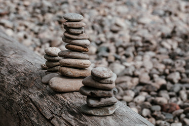 small rock piles on log