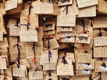 small wooden panels with handwritten text and pictures