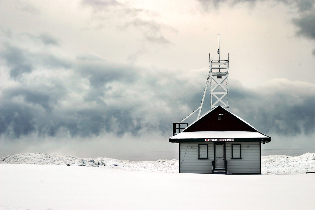 snow covered lifeguard station