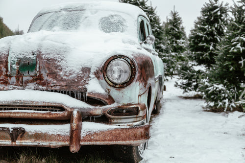 snowy antique car
