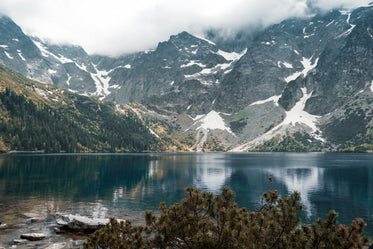 snowy mountains and a blue lake