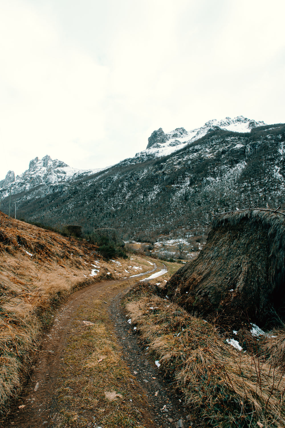 snowy mountains and a winding dirt road