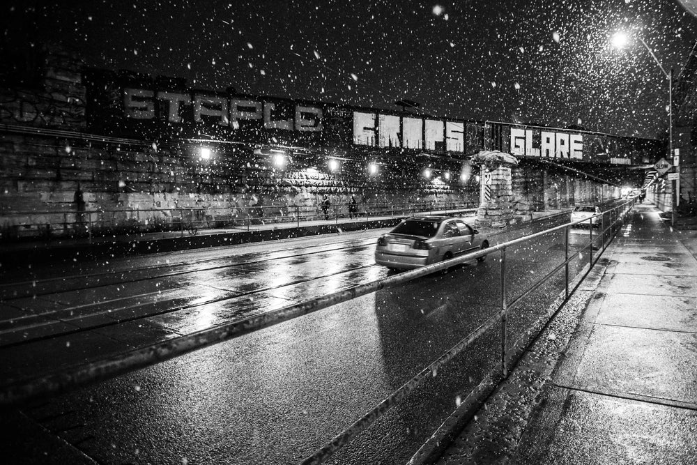 snowy underpass black and white