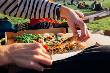 someone enjoys colorful pizza in the park