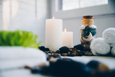 spa candles and decor near window