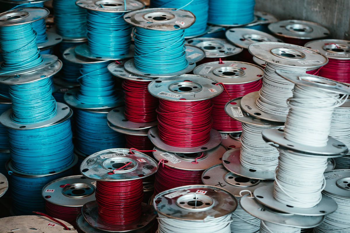 spools of red, white and blue wire