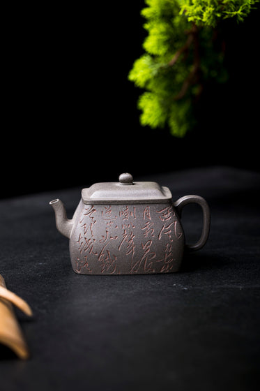 square teapot with a cedar branch above