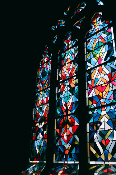 stained glass window panes in a gothic church window