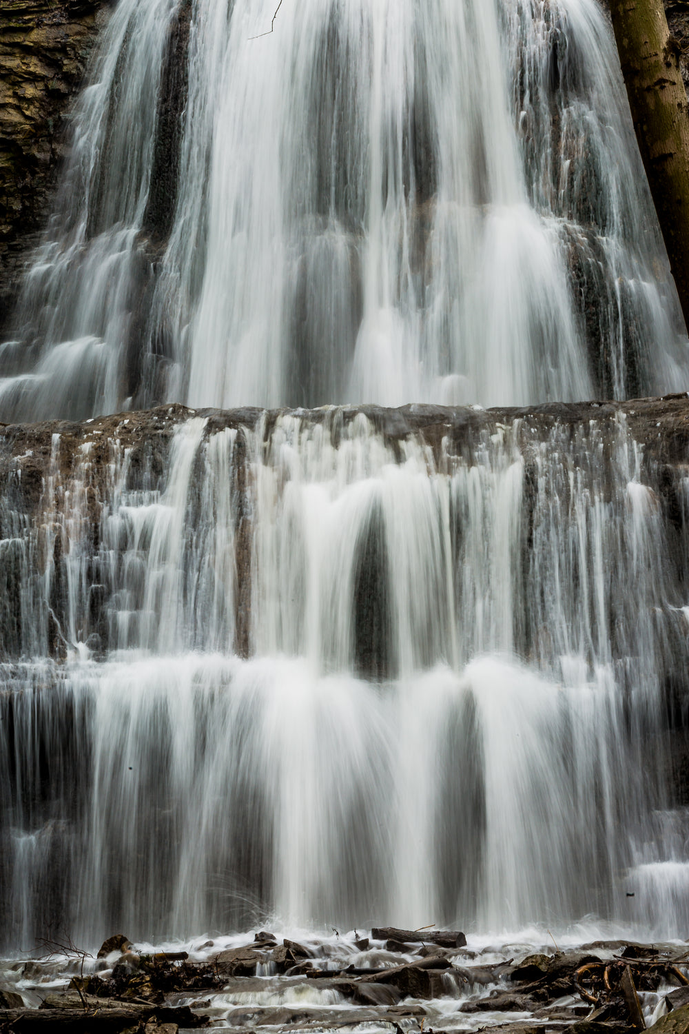 standing at the base of a pristine forest waterfall