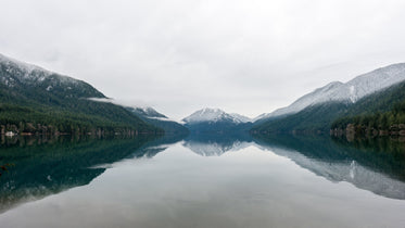 still lake and snowy mountains