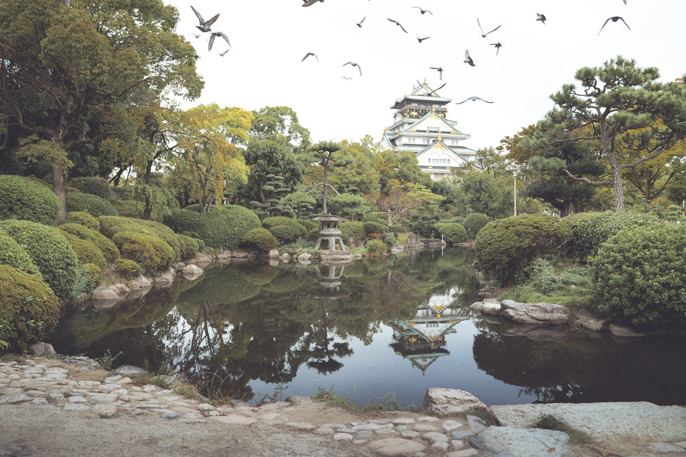 stone and tree lined pond reflects tall white and gold building