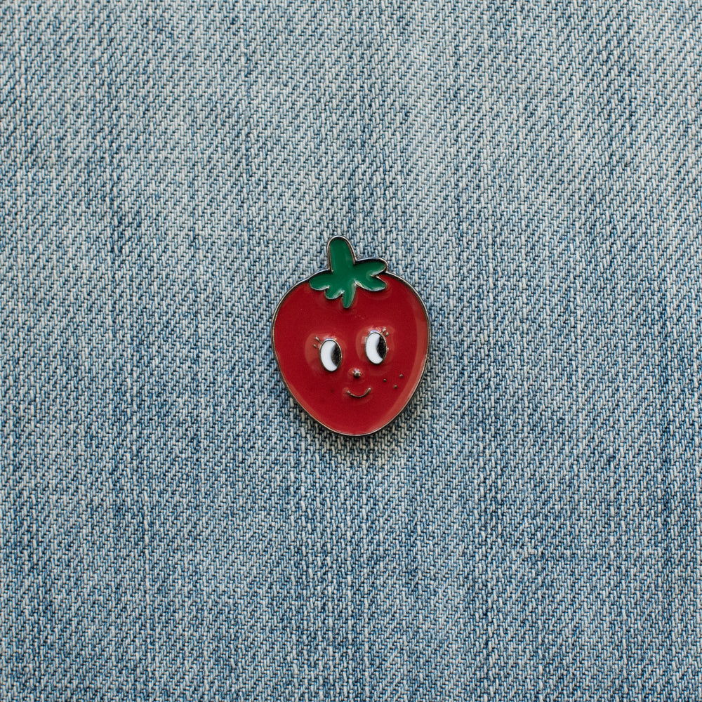 strawberry enamel pin denim