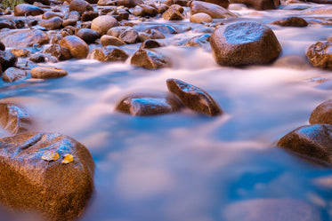 stream flows between soft river stones