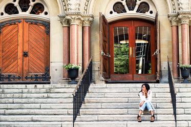 summer fashion posing on church steps