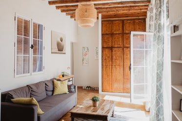 sunlight creeps through a bright living room