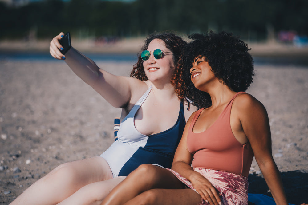 sunny beach selfie with friends