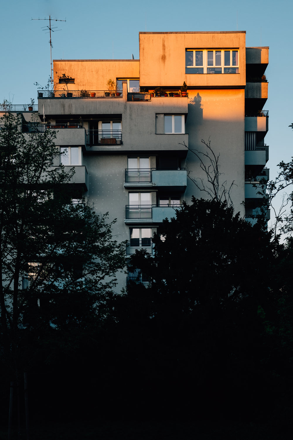 sunset casts shadows on building and trees