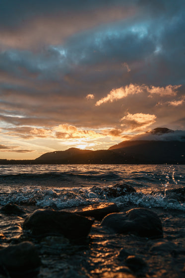 sunset on rocky beach