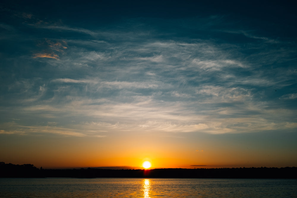 sunsets over distant trees and the water