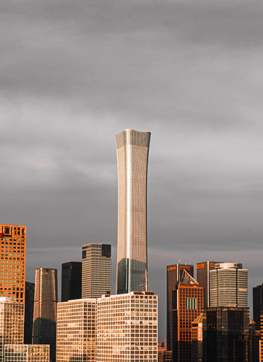 tall skyscrapers reaching towards a grey sky