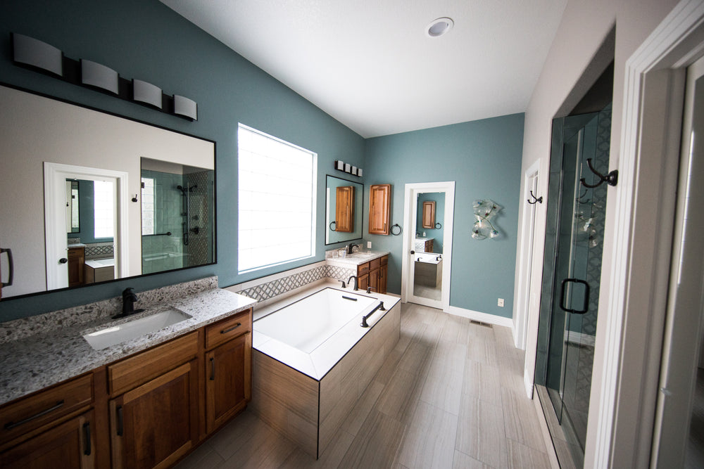 teal and grey washroom