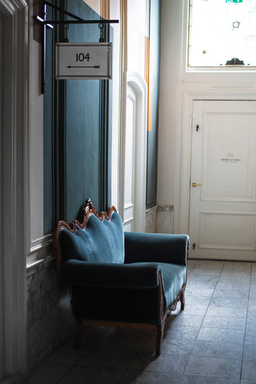 teal hallway couch