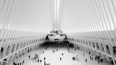 the big white beams and skylight of a busy public building