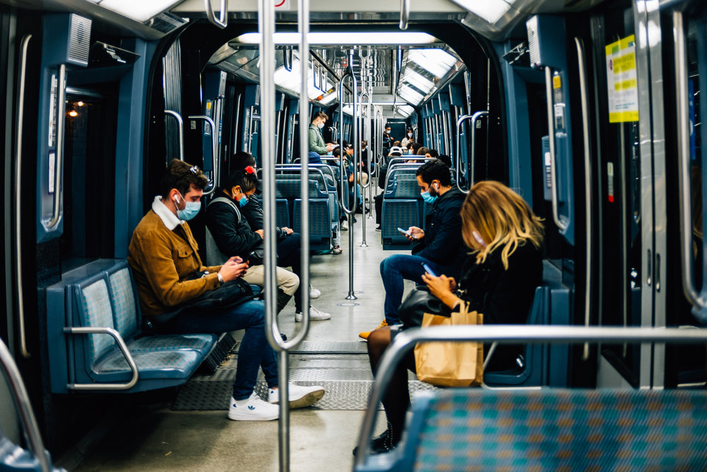 the blue interior of a public transit train